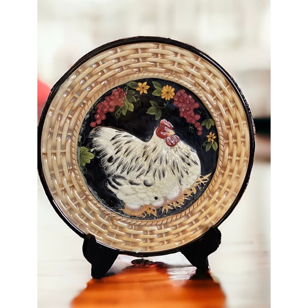 3D Hen with Basket Weaved Edge Platter, Oversized Plate Farmhouse Country Décor